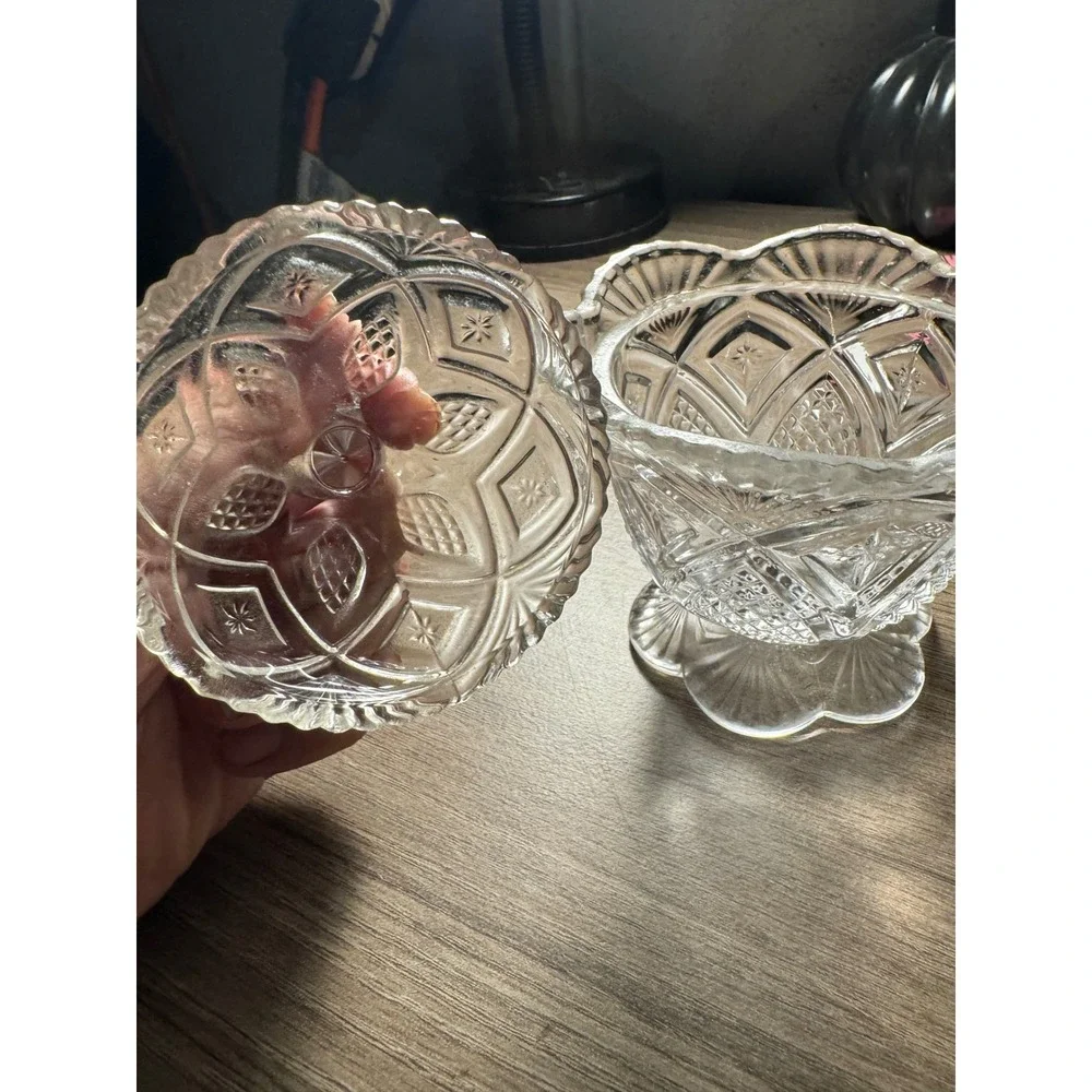 Vintage Crystal Candy Dishes Set of 2 Lidded Glass Bowls Diamond Cut Pattern